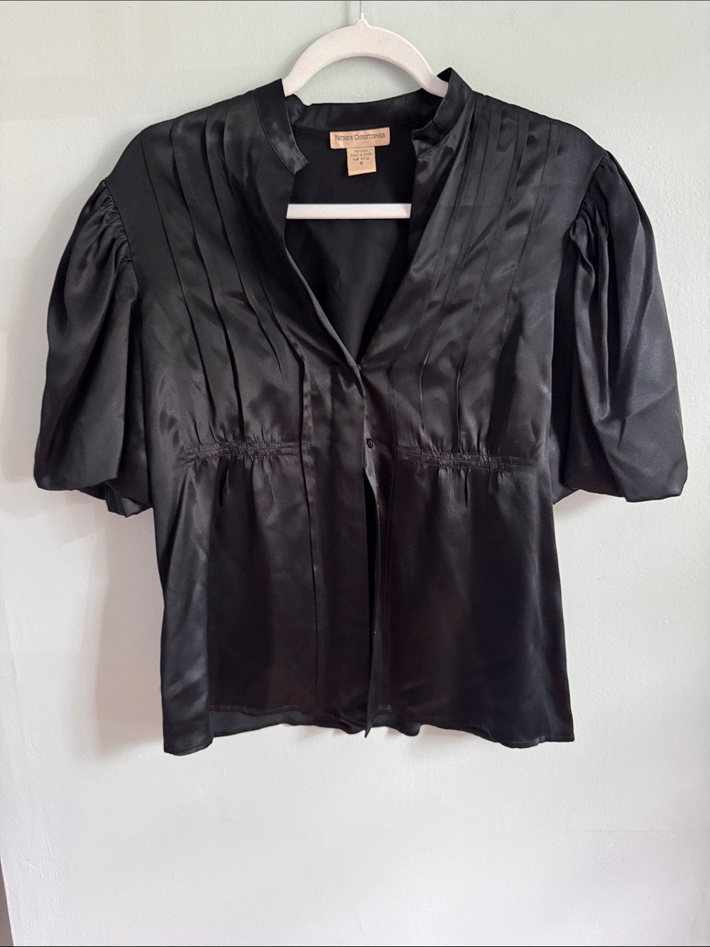Black Satin Pleated Short-Sleeve Blouse by Nicole Cheri